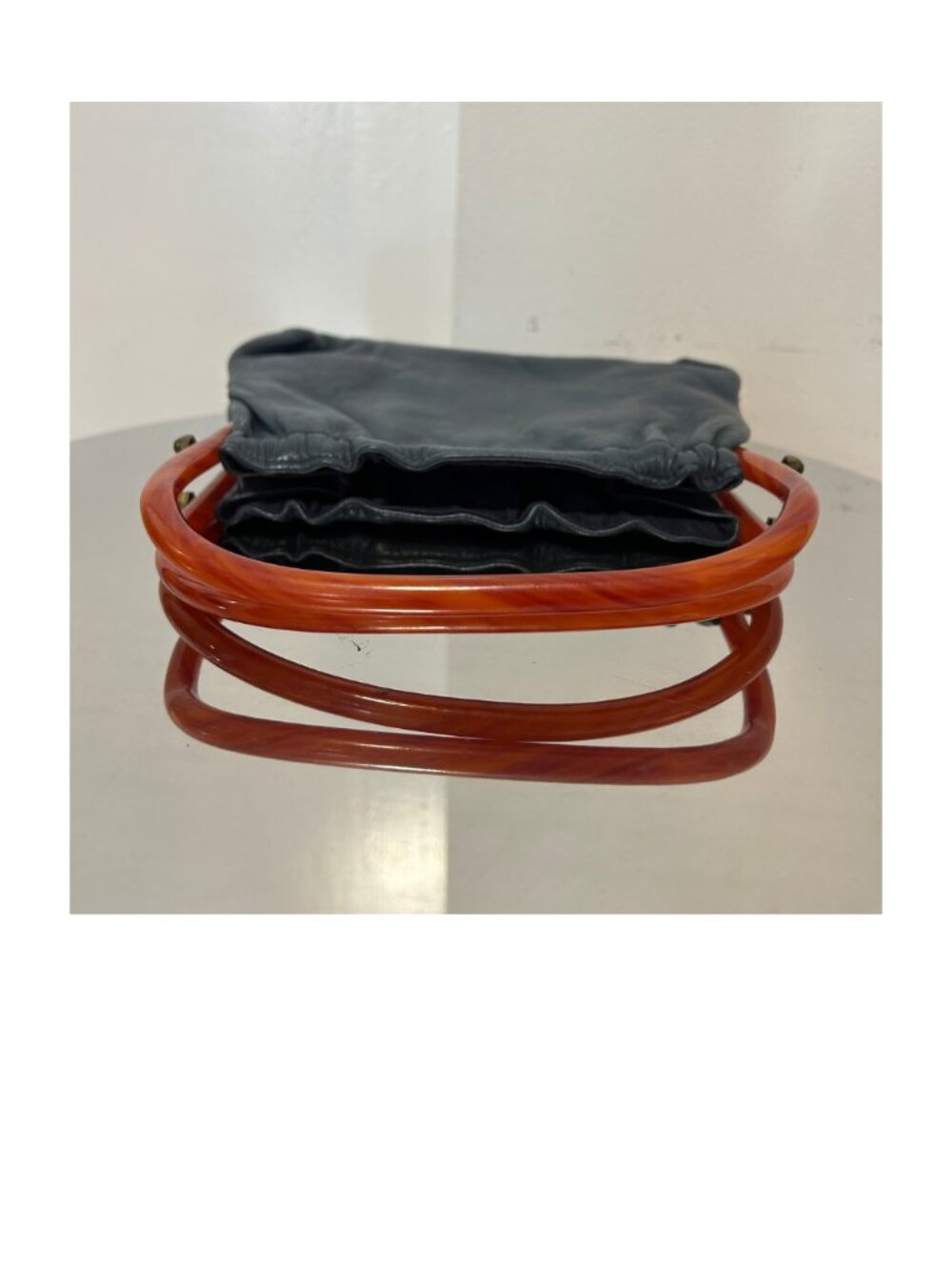 Vintage Navy Blue Leather Purse with Lucite Handles - Picture 2 of 4